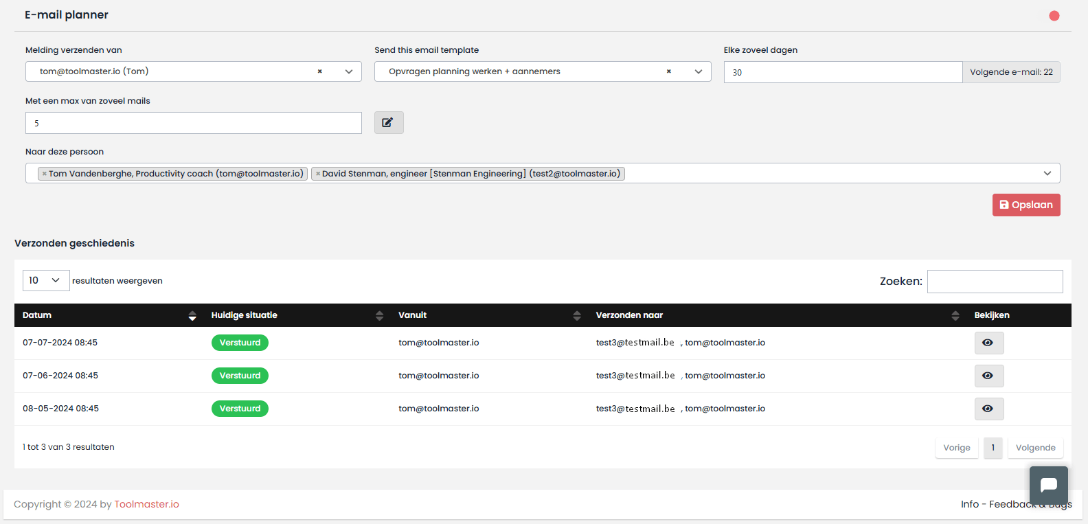 Reminder voor opvragen planning werken en aannemers